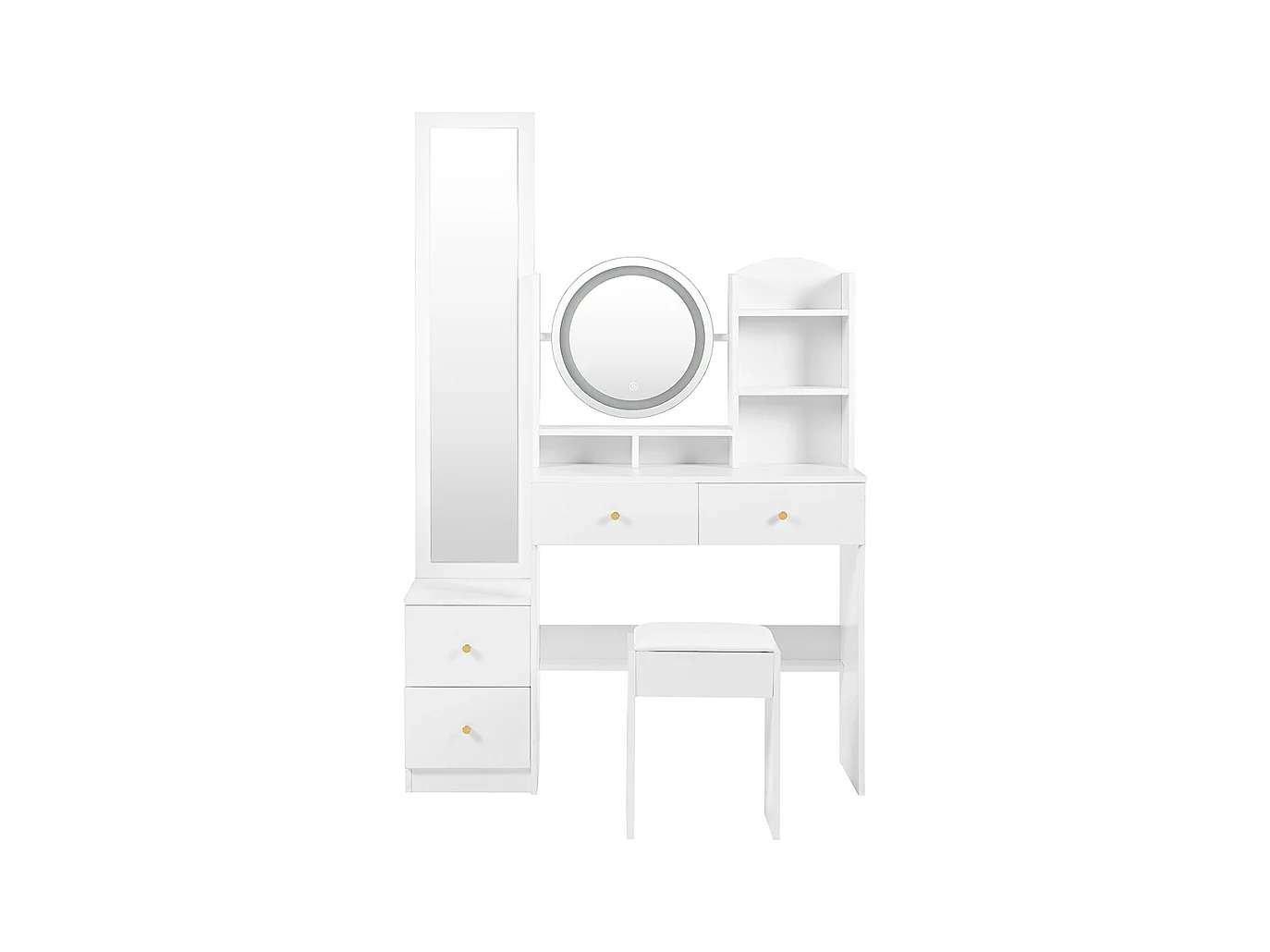 Coiffeuse blanc 4 en 1 miroir pleine longueur pivotant tabouret éclairage LED 3 couleurs poignée métal