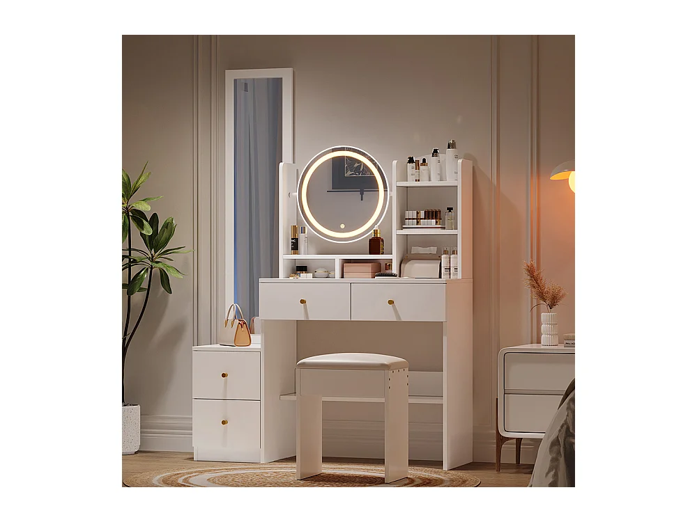 Coiffeuse blanc 4 en 1 miroir pleine longueur pivotant tabouret éclairage LED 3 couleurs poignée métal