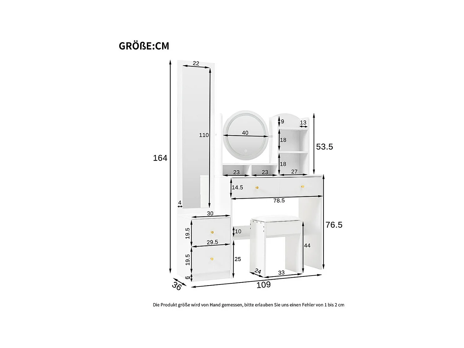 Coiffeuse blanc 4 en 1 miroir pleine longueur pivotant tabouret éclairage LED 3 couleurs poignée métal