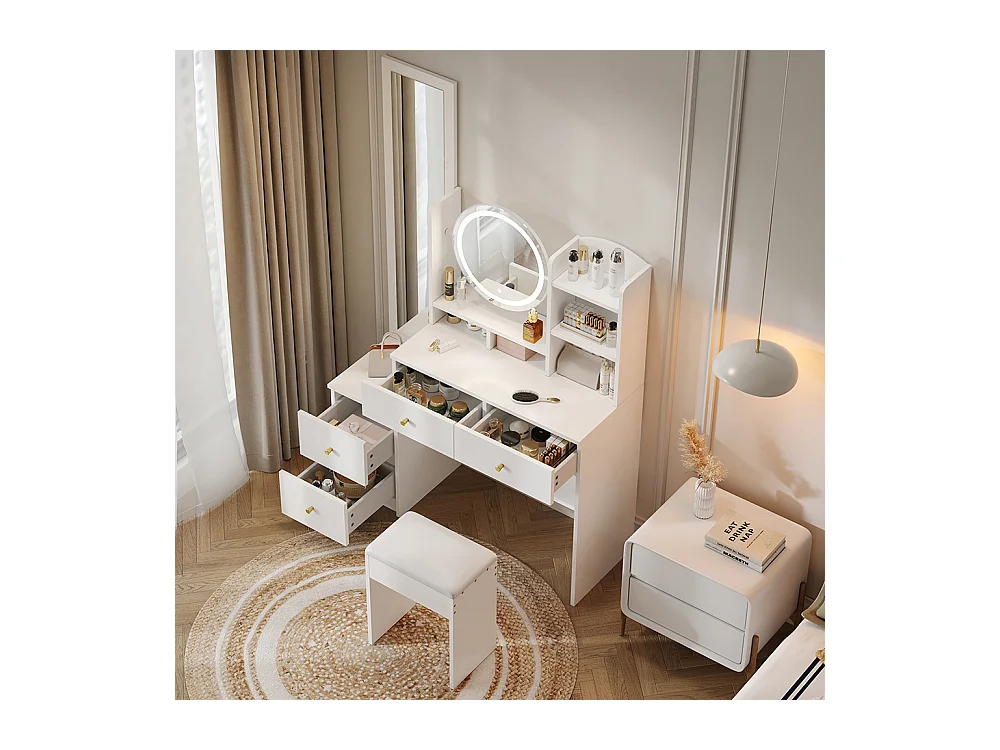 Coiffeuse blanc 4 en 1 miroir pleine longueur pivotant tabouret éclairage LED 3 couleurs poignée métal