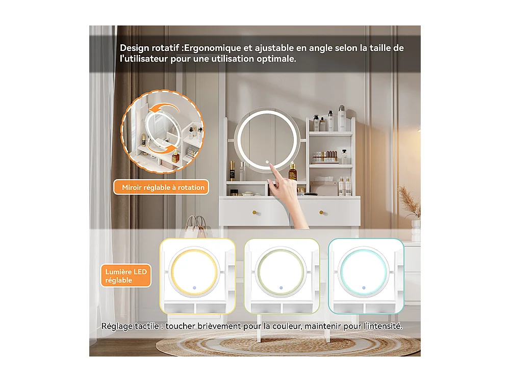 Coiffeuse blanc 4 en 1 miroir pleine longueur pivotant tabouret éclairage LED 3 couleurs poignée métal