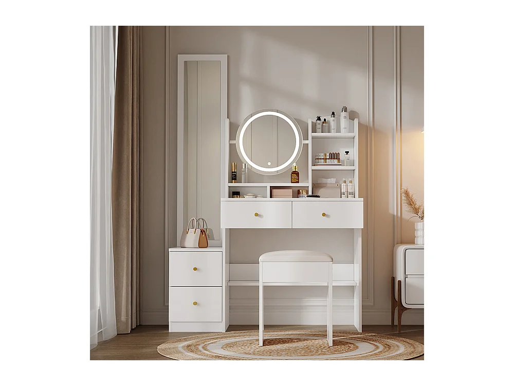 Coiffeuse blanc 4 en 1 miroir pleine longueur pivotant tabouret éclairage LED 3 couleurs poignée métal