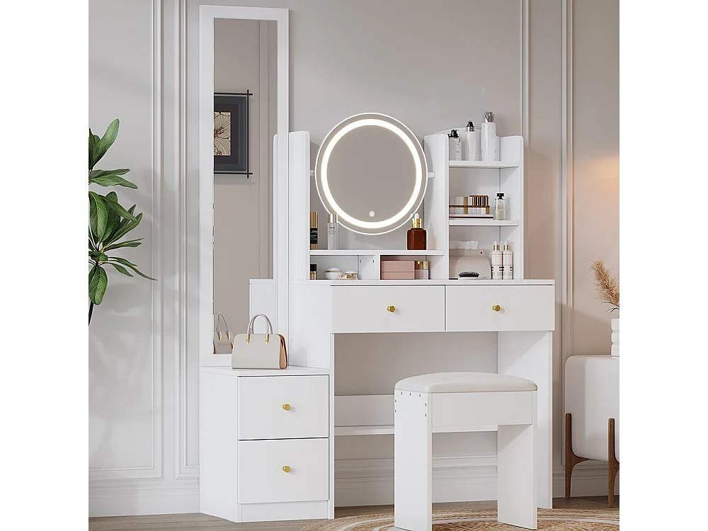 Coiffeuse blanc 4 en 1 miroir pleine longueur pivotant tabouret éclairage LED 3 couleurs poignée métal