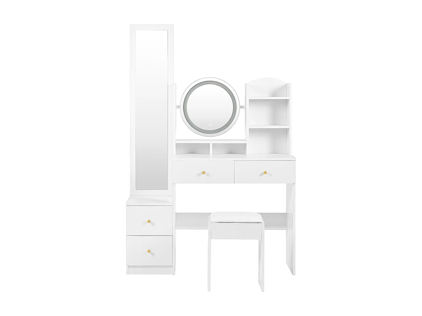 Coiffeuse blanc 4 en 1 miroir pleine longueur pivotant tabouret éclairage LED 3 couleurs poignée métal