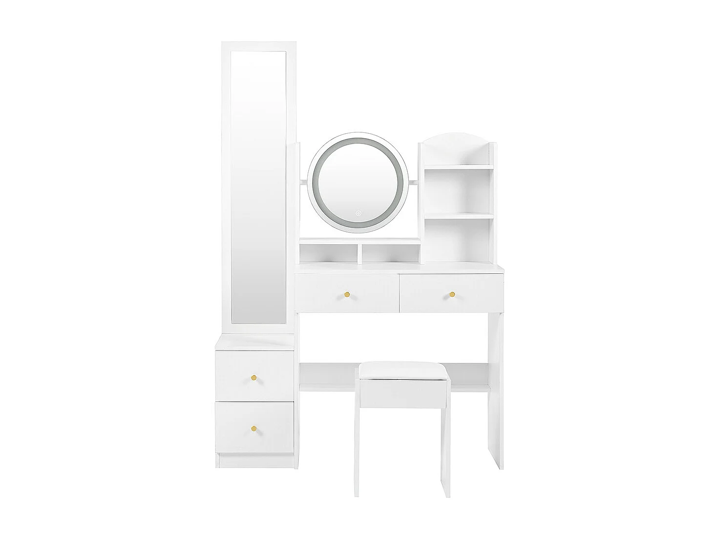 Coiffeuse blanc 4 en 1 miroir pleine longueur pivotant tabouret éclairage LED 3 couleurs poignée métal