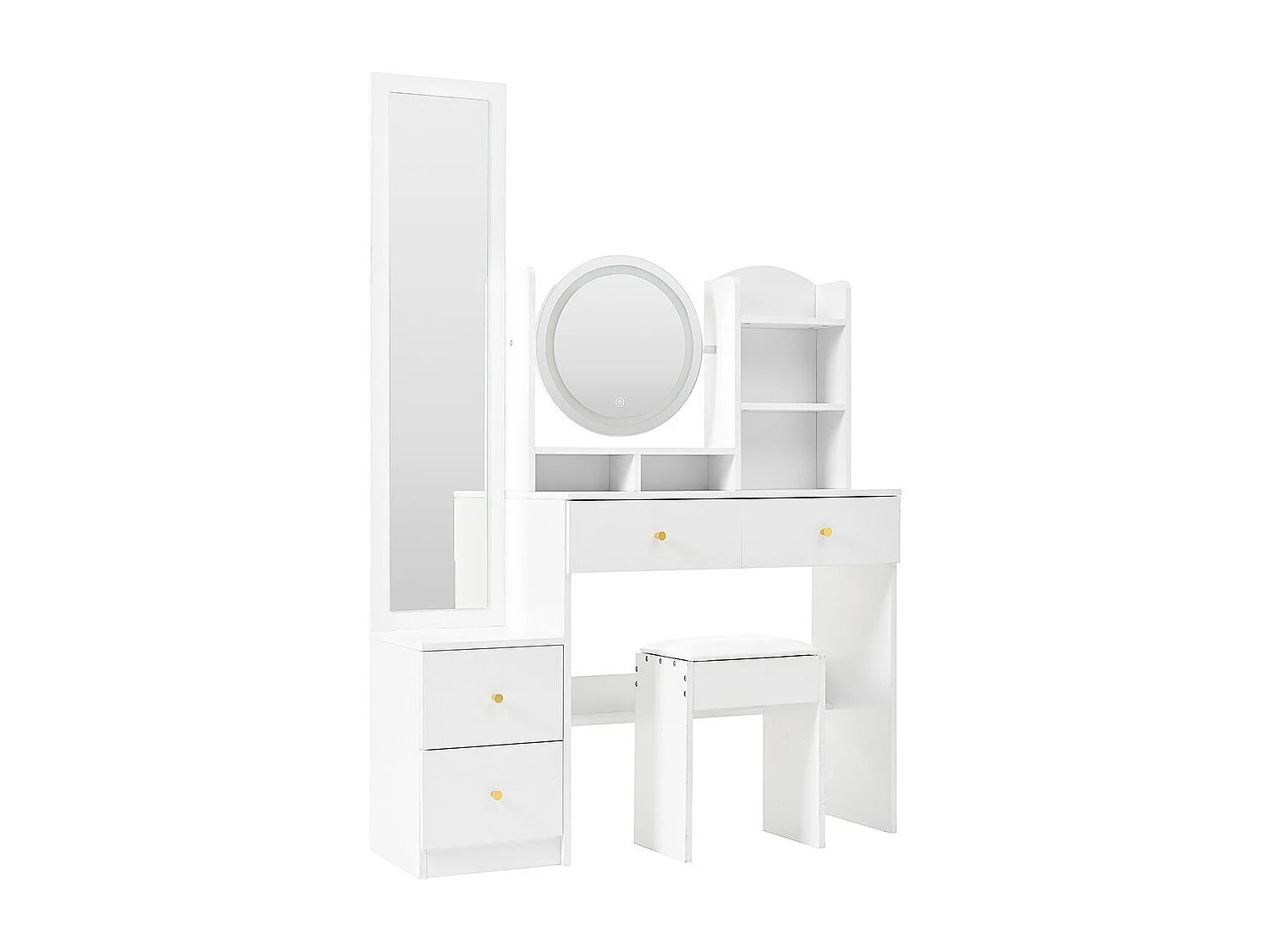 Coiffeuse blanc 4 en 1 miroir pleine longueur pivotant tabouret éclairage LED 3 couleurs poignée métal
