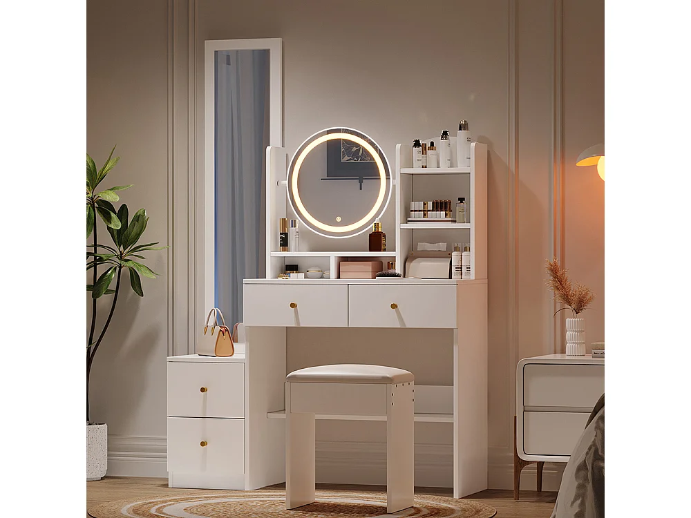 Coiffeuse blanc 4 en 1 miroir pleine longueur pivotant tabouret éclairage LED 3 couleurs poignée métal