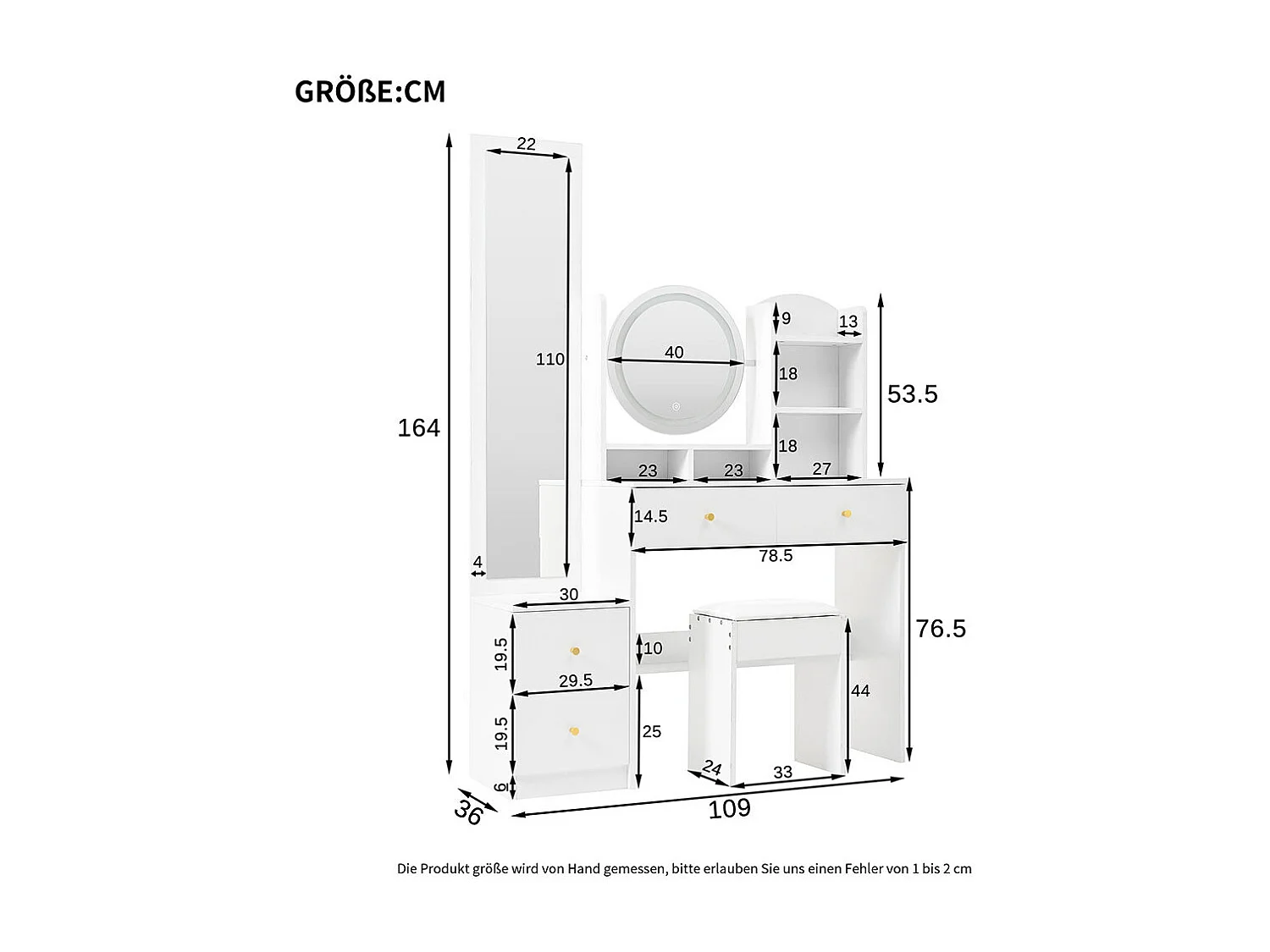 Coiffeuse blanc 4 en 1 miroir pleine longueur pivotant tabouret éclairage LED 3 couleurs poignée métal
