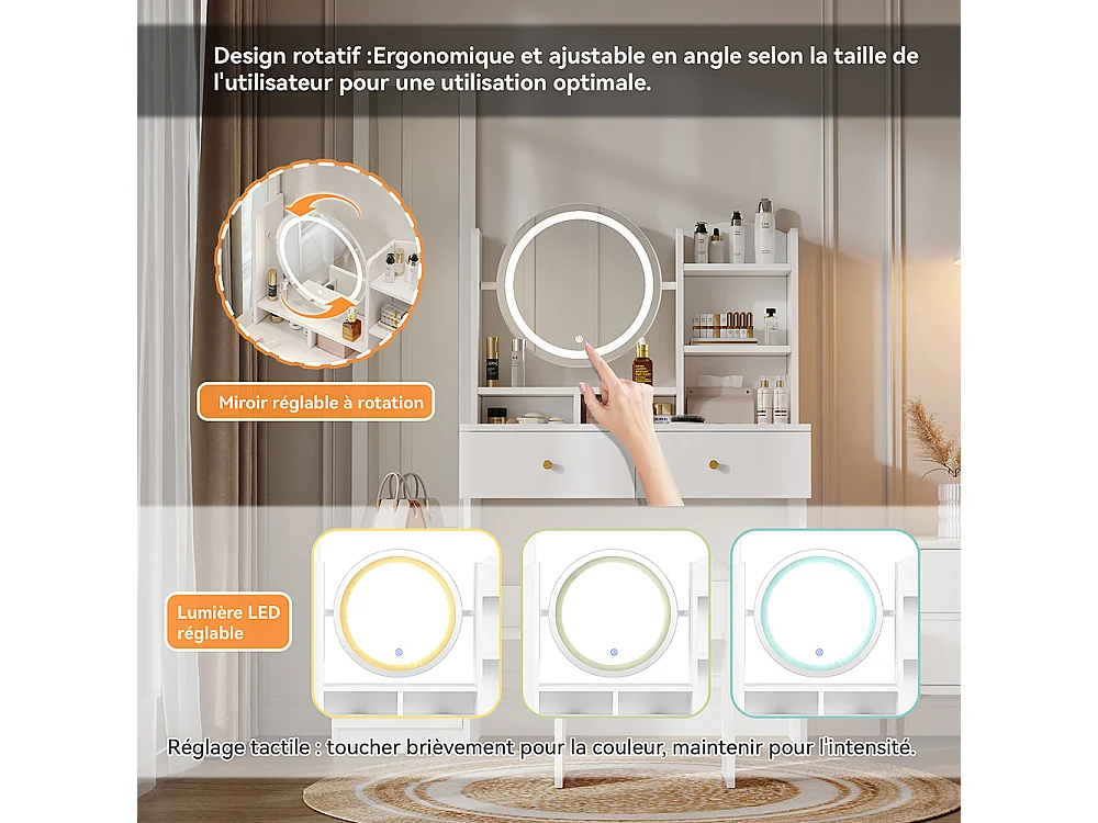 Coiffeuse blanc 4 en 1 miroir pleine longueur pivotant tabouret éclairage LED 3 couleurs poignée métal