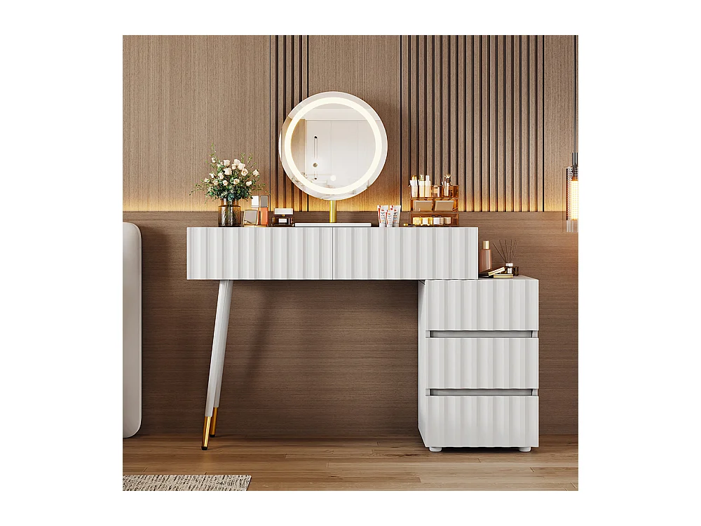 Coiffeuse blanc miroir LED éclairage 5 tiroirs sans tabouret