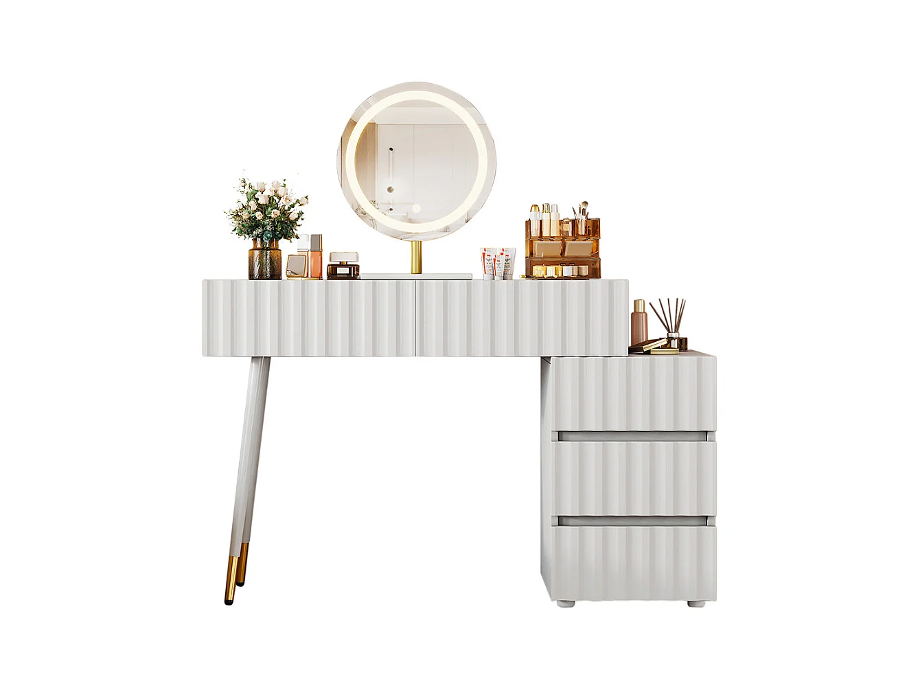 Coiffeuse blanc miroir LED éclairage 5 tiroirs sans tabouret