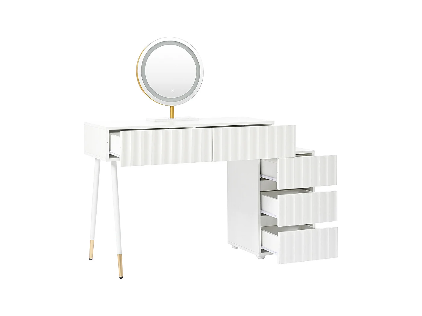 Coiffeuse blanc miroir LED éclairage 5 tiroirs sans tabouret