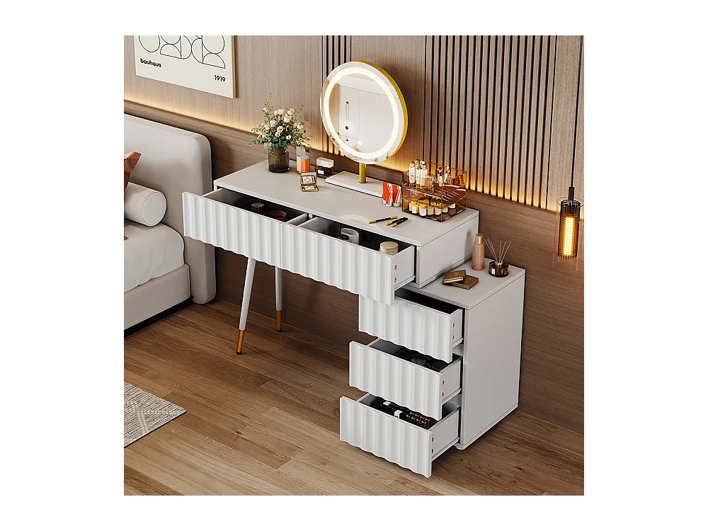 Coiffeuse blanc miroir LED éclairage 5 tiroirs sans tabouret
