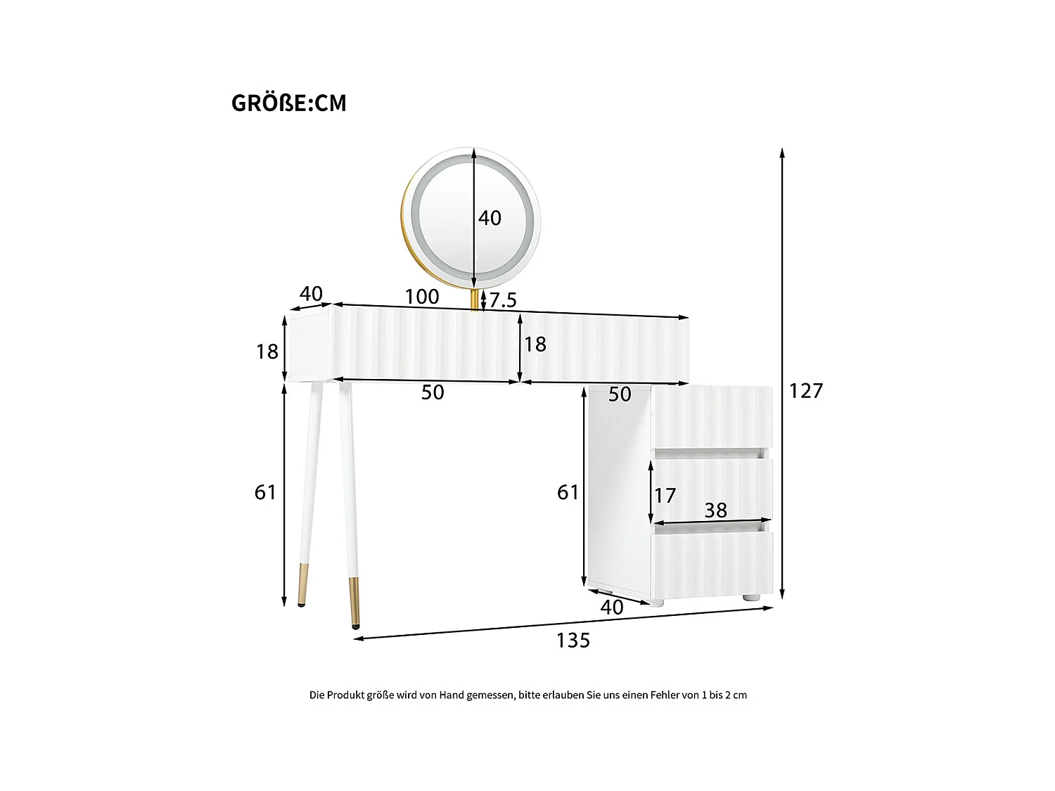 Coiffeuse blanc miroir LED éclairage 5 tiroirs sans tabouret