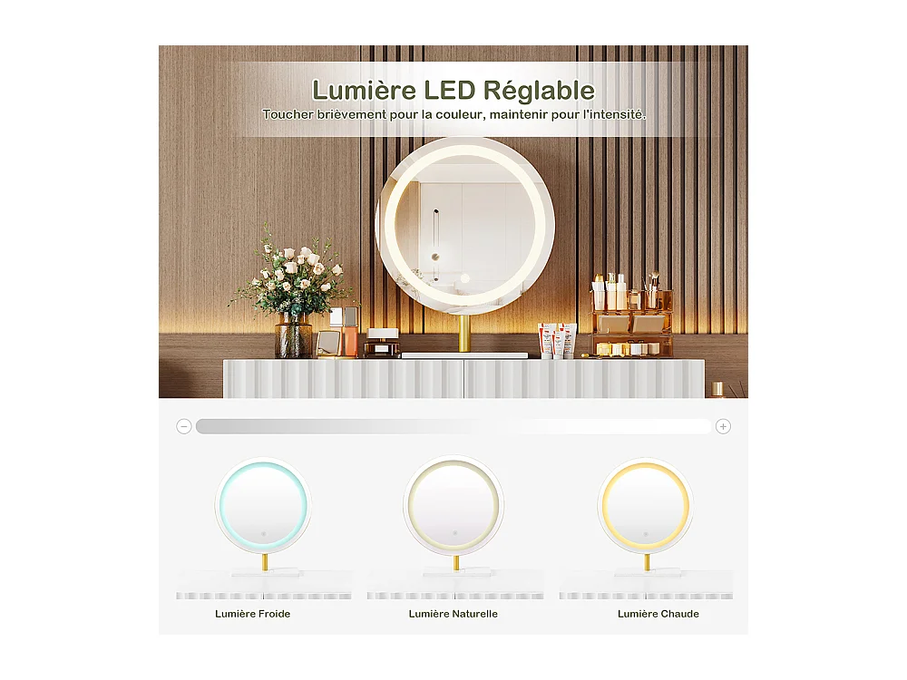 Coiffeuse blanc miroir LED éclairage 5 tiroirs sans tabouret