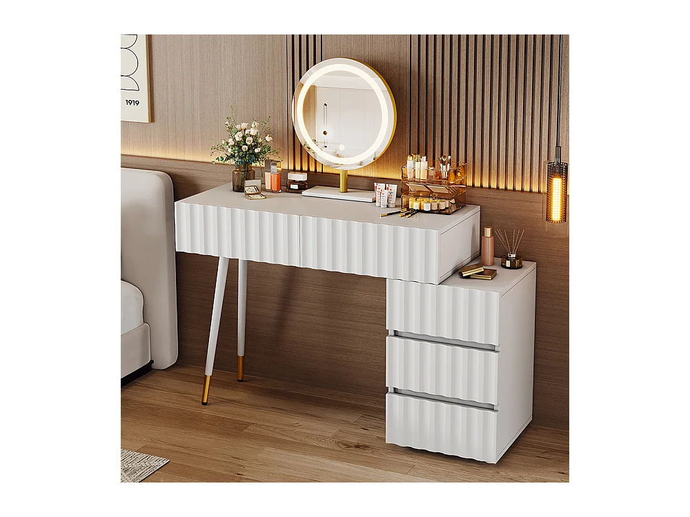 Coiffeuse blanc miroir LED éclairage 5 tiroirs sans tabouret