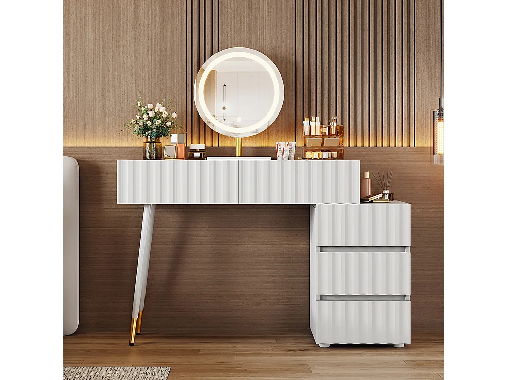 Coiffeuse blanc miroir LED éclairage 5 tiroirs sans tabouret