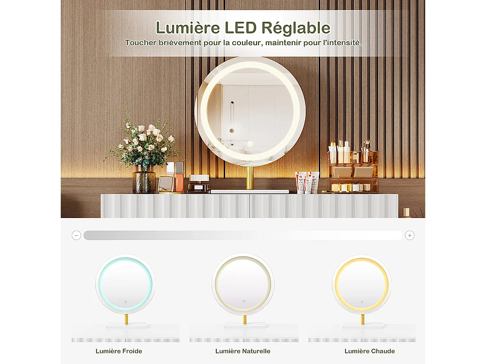 Coiffeuse blanc miroir LED éclairage 5 tiroirs sans tabouret