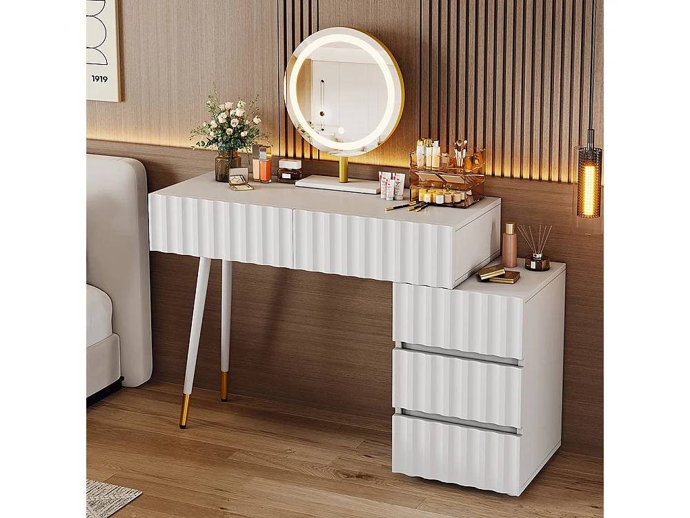 Coiffeuse blanc miroir LED éclairage 5 tiroirs sans tabouret