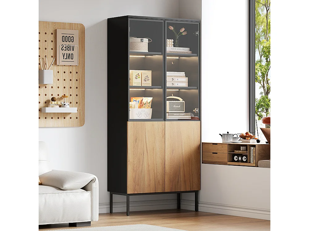 Vitrine 180 cm noir chêne verre LED 5 étages bibliothèque objets