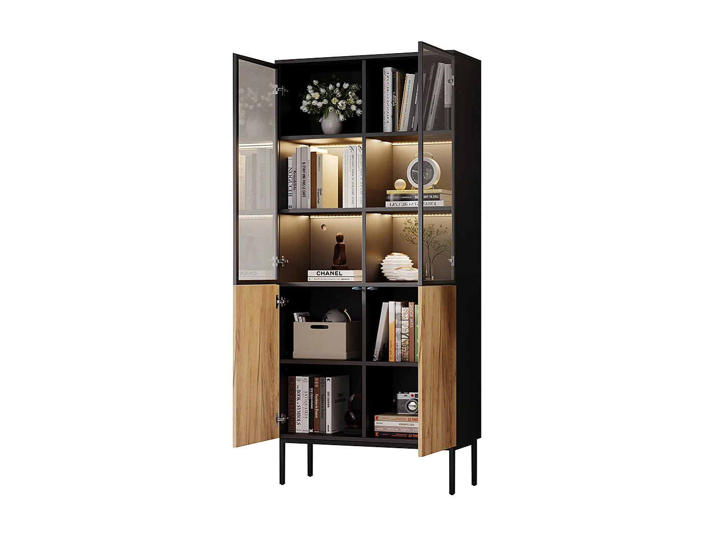 Vitrine 180 cm noir chêne verre LED 5 étages bibliothèque objets