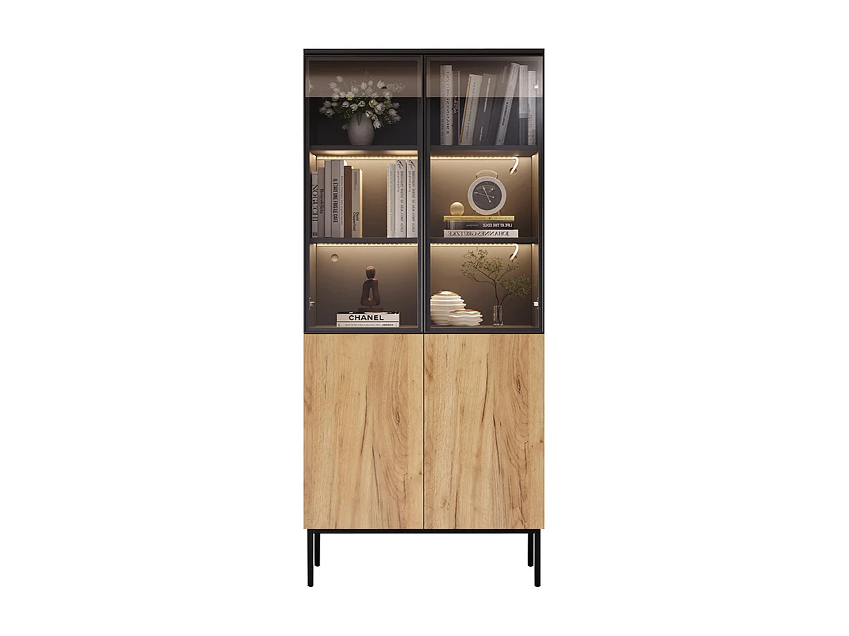 Vitrine 180 cm noir chêne verre LED 5 étages bibliothèque objets