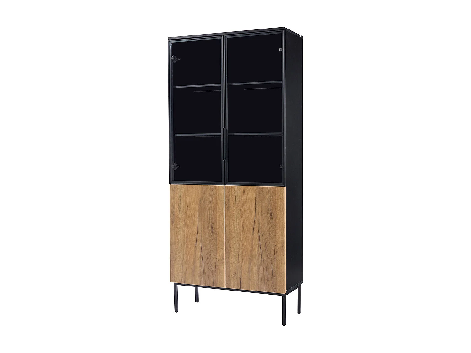 Vitrine 180 cm noir chêne verre LED 5 étages bibliothèque objets