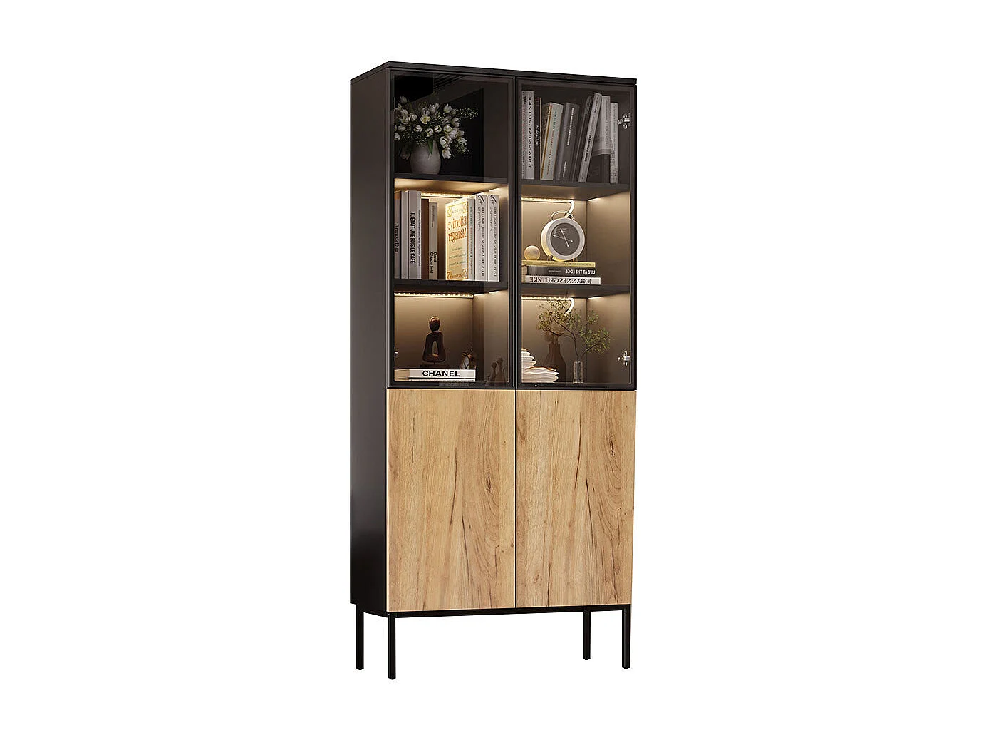 Vitrine 180 cm noir chêne verre LED 5 étages bibliothèque objets