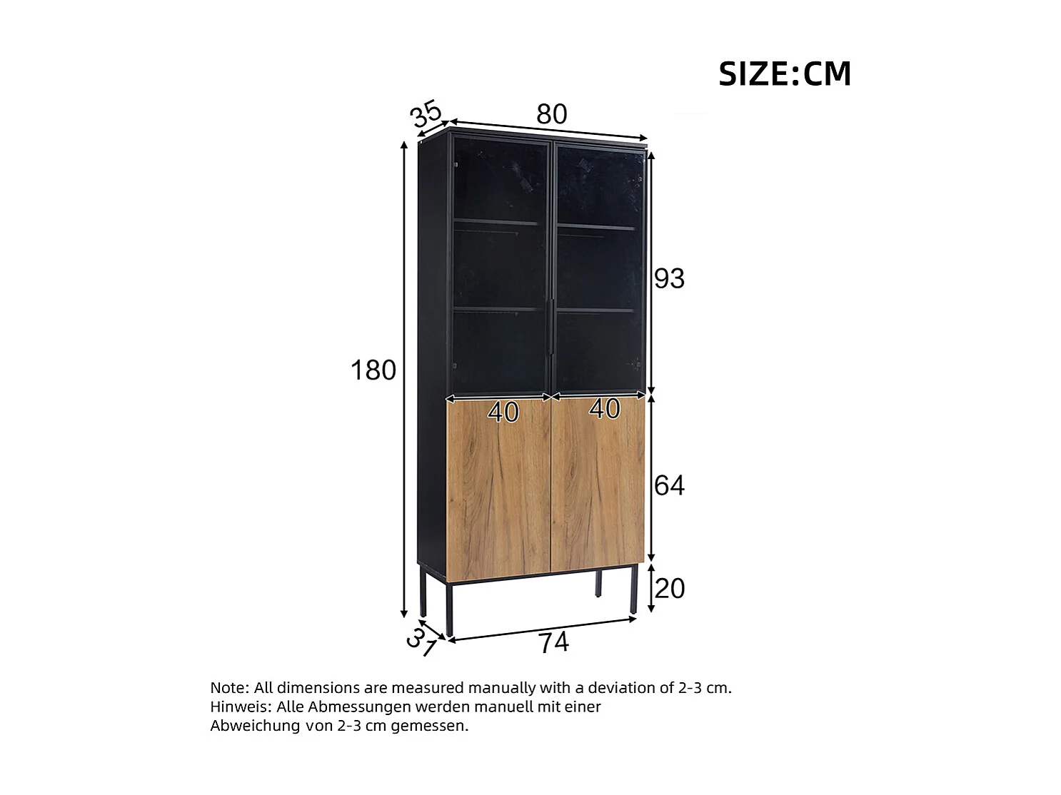 Vitrine 180 cm noir chêne verre LED 5 étages bibliothèque objets