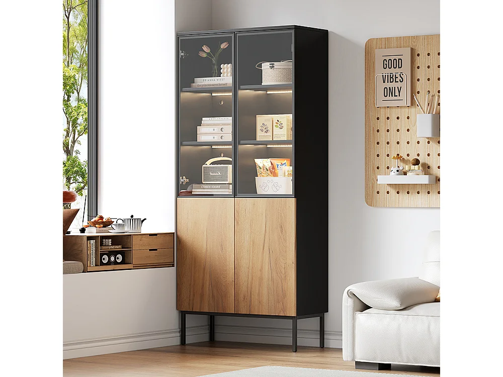 Vitrine 180 cm noir chêne verre LED 5 étages bibliothèque objets