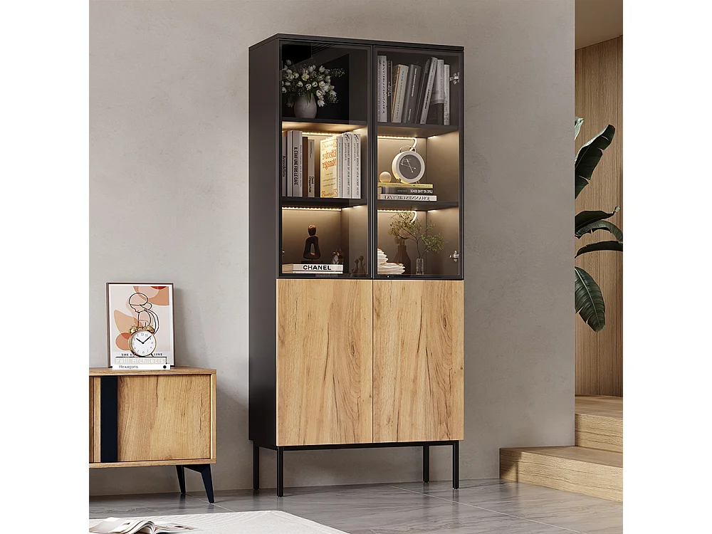 Vitrine 180 cm noir chêne verre LED 5 étages bibliothèque objets