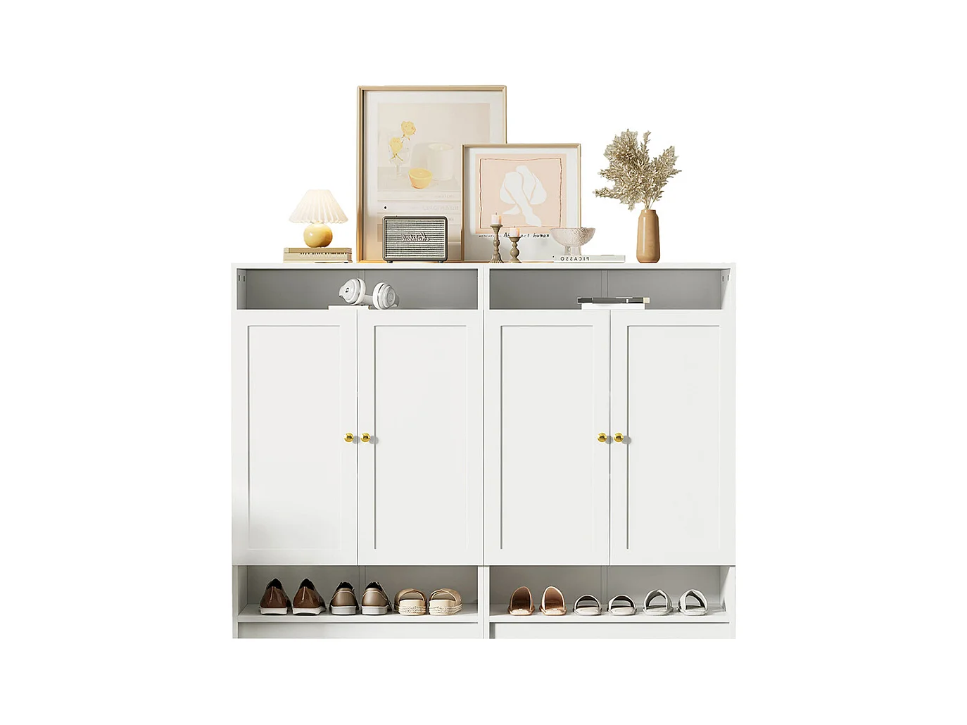 Meuble à chaussures 2 portes blanc étagères réglables poignées dorées