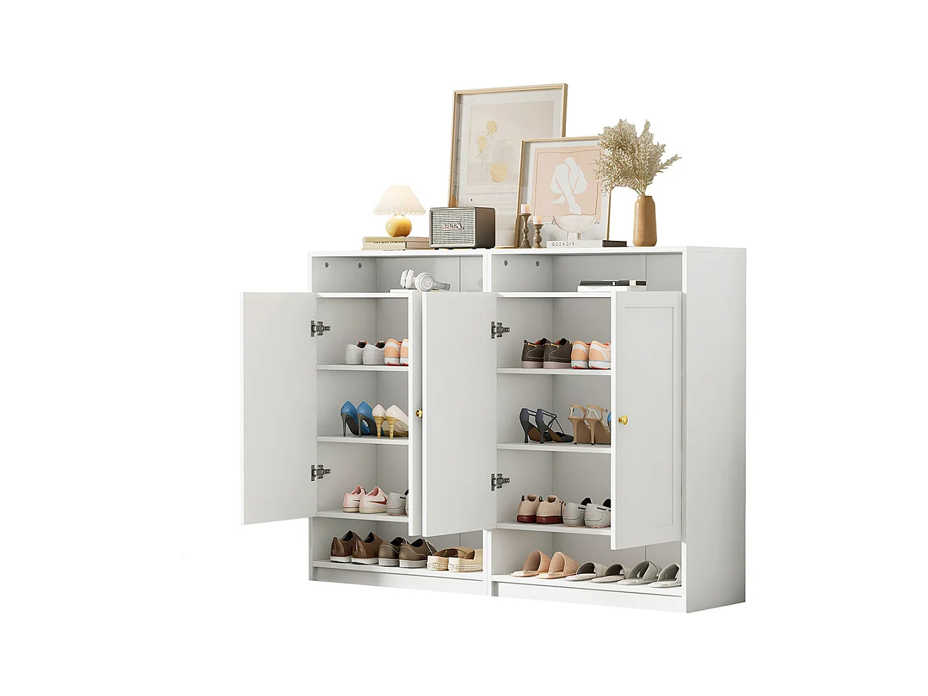 Meuble à chaussures 2 portes blanc étagères réglables poignées dorées