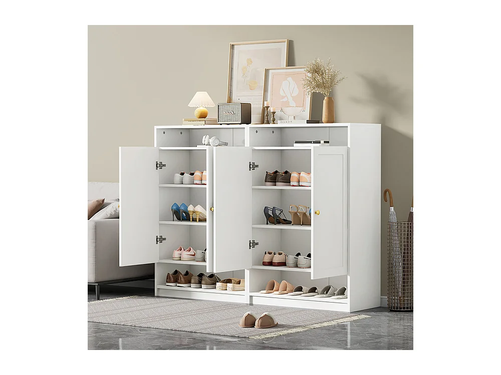 Meuble à chaussures 2 portes blanc étagères réglables poignées dorées