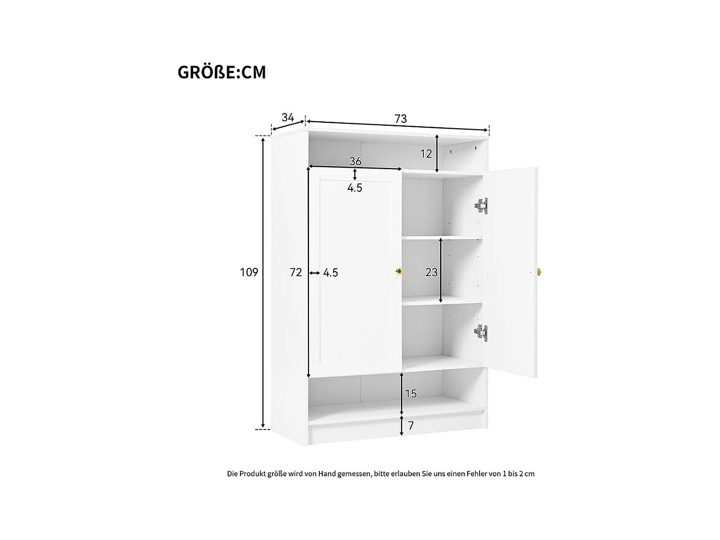 Meuble à chaussures 2 portes blanc étagères réglables poignées dorées