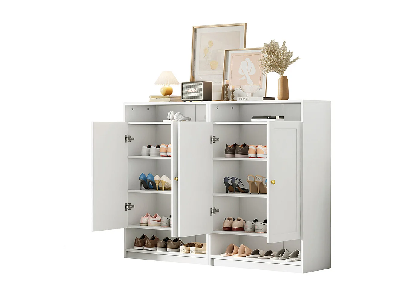 Meuble à chaussures 2 portes blanc étagères réglables poignées dorées