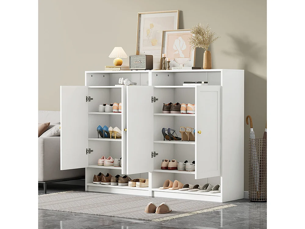 Meuble à chaussures 2 portes blanc étagères réglables poignées dorées