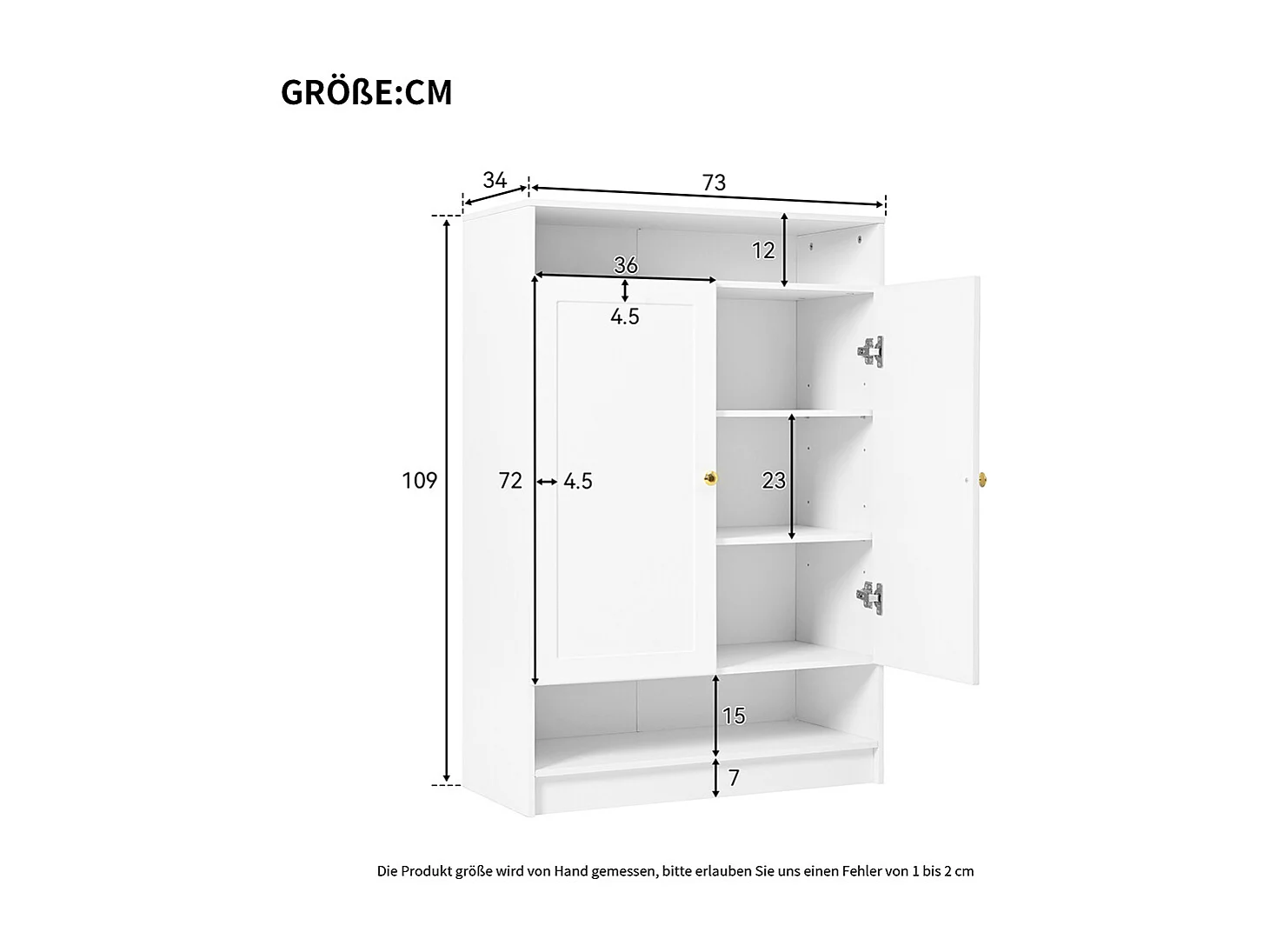 Meuble à chaussures 2 portes blanc étagères réglables poignées dorées