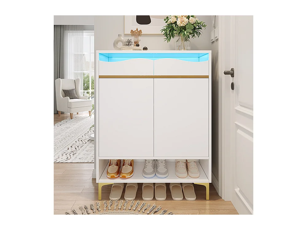 Meuble à chaussures blanc moderne avec LED 16 couleurs avec tiroirs et étagères pour le couloir le salon et l'entrée