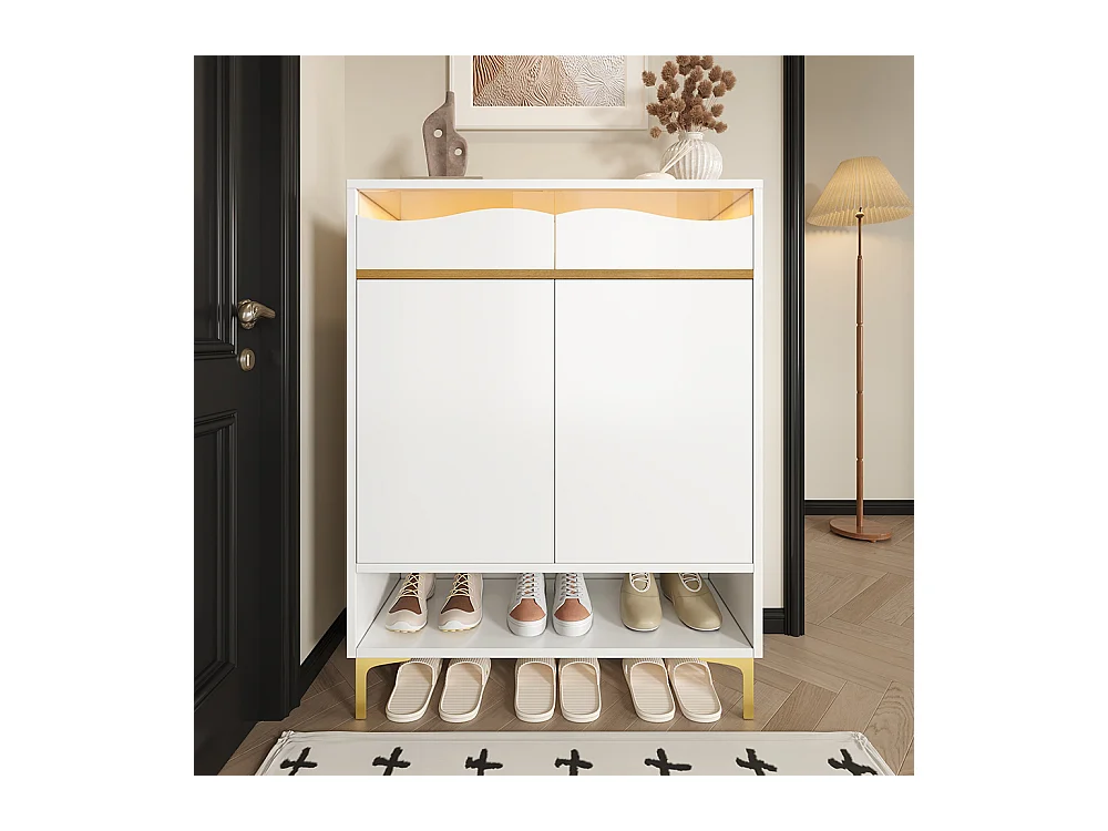 Meuble à chaussures blanc moderne avec LED 16 couleurs avec tiroirs et étagères pour le couloir le salon et l'entrée