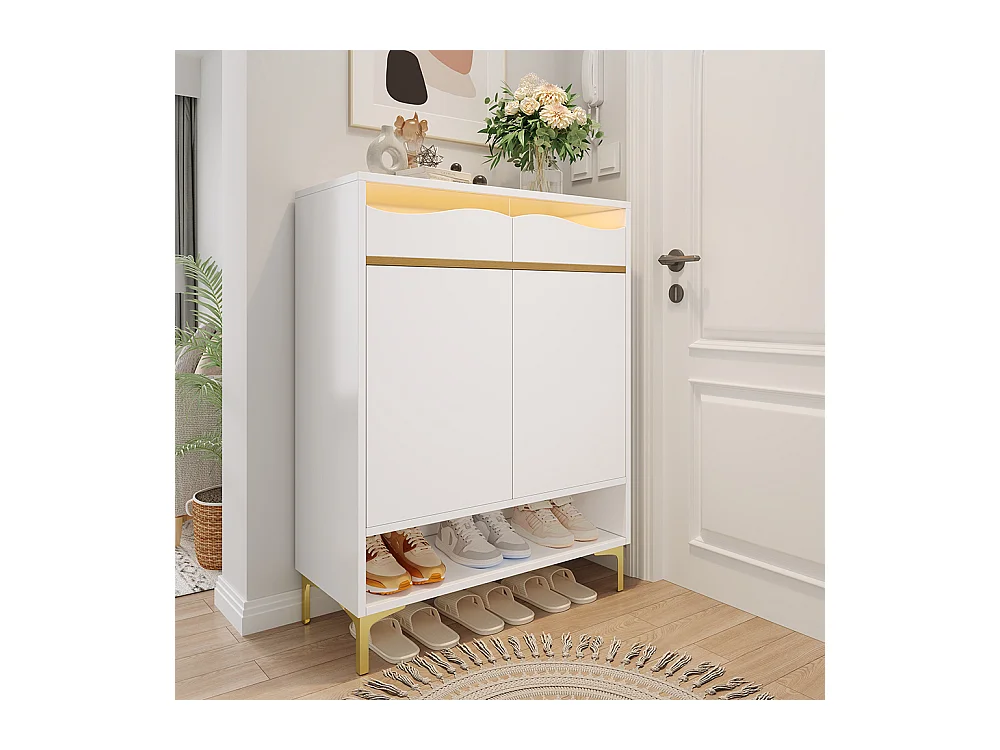 Meuble à chaussures blanc moderne avec LED 16 couleurs avec tiroirs et étagères pour le couloir le salon et l'entrée