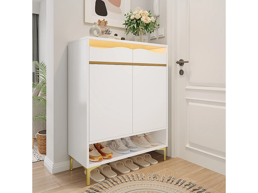 Meuble à chaussures blanc moderne avec LED 16 couleurs avec tiroirs et étagères pour le couloir le salon et l'entrée