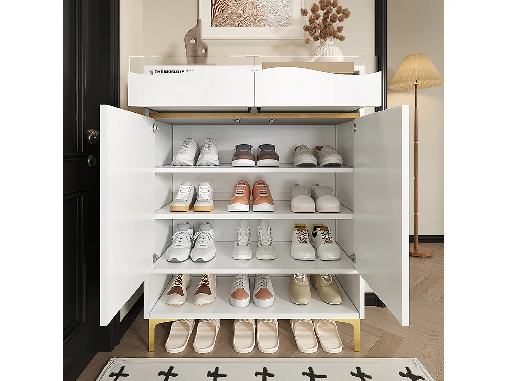 Meuble à chaussures blanc moderne avec LED 16 couleurs avec tiroirs et étagères pour le couloir le salon et l'entrée