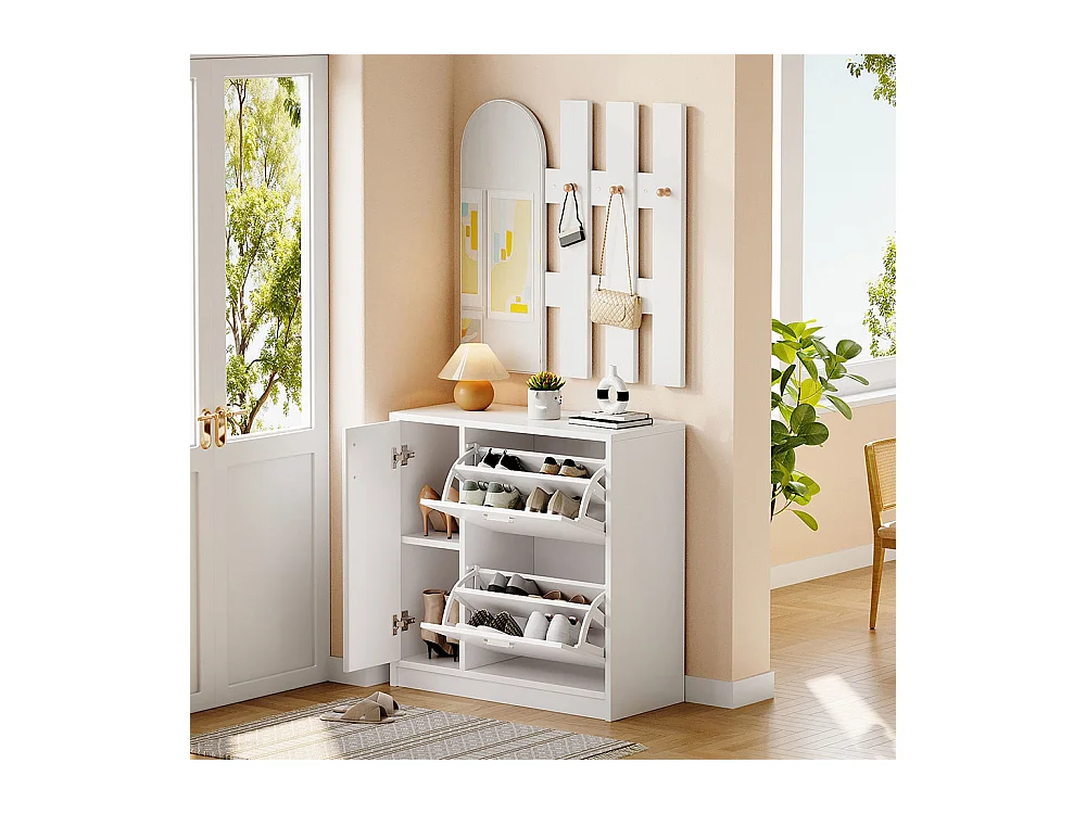 Schoenenkast wit klapdeuren spiegel haken schuifdeur gang