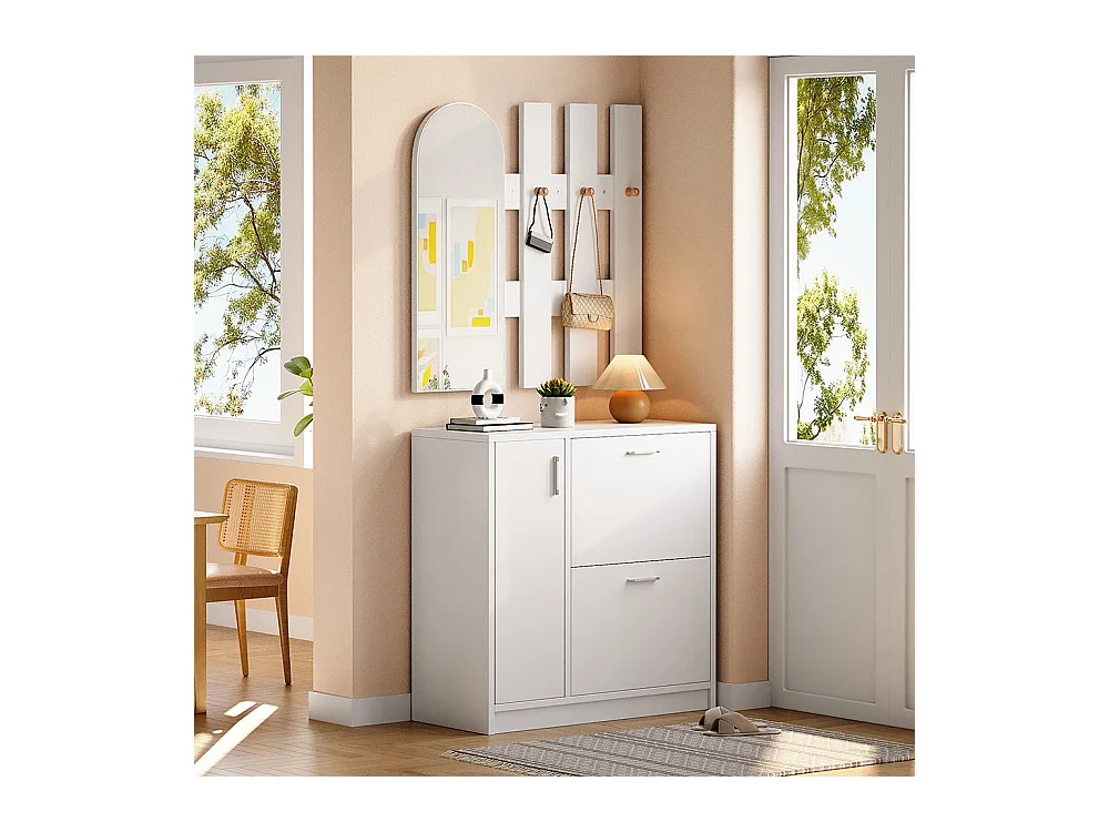 Schoenenkast wit klapdeuren spiegel haken schuifdeur gang