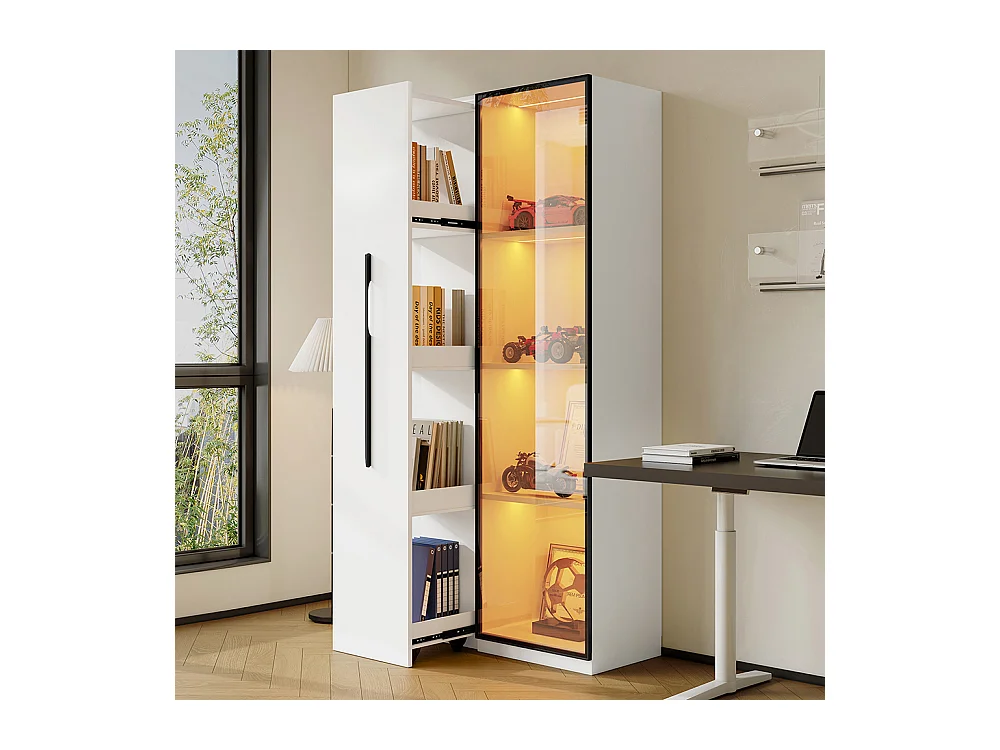 Vitrine multifonction bibliothèque portes verre trempé aluminium 1 porte 1 tiroir roulettes LED salle manger