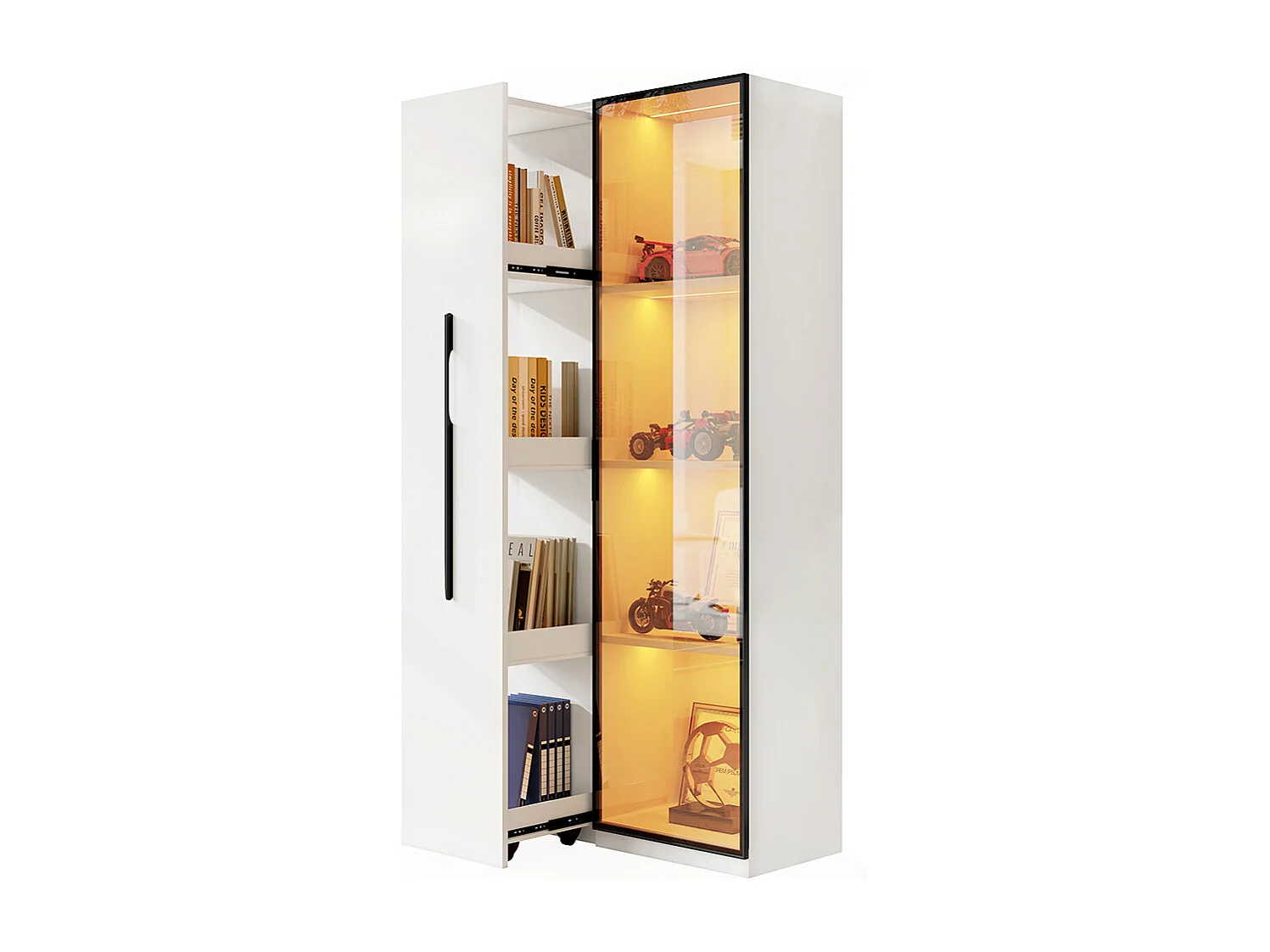 Vitrine multifonction bibliothèque portes verre trempé aluminium 1 porte 1 tiroir roulettes LED salle manger