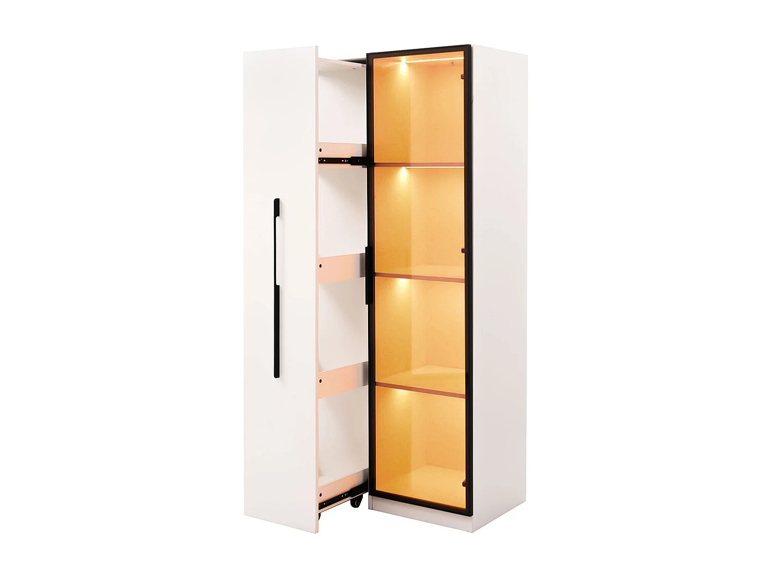Vitrine multifonction bibliothèque portes verre trempé aluminium 1 porte 1 tiroir roulettes LED salle manger