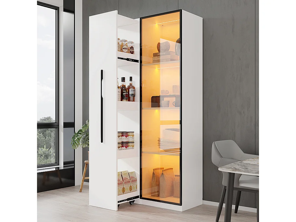 Vitrine multifonction bibliothèque portes verre trempé aluminium 1 porte 1 tiroir roulettes LED salle manger