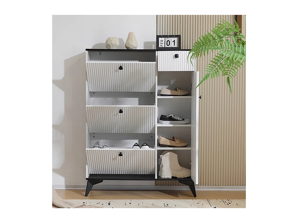 Meuble à chaussures blanc 3 rabats 1 tiroir 1 porte étagère étroite